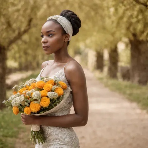 African woman with bouquet, spanish school style, event, tokina at-x 11-16mm f/2.8 pro dx ii, happy optimistic, non-representational, scene elegant pose