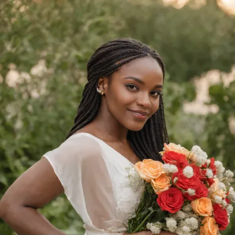 African woman with bouquet, spanish school style, event, tokina at-x 11-16mm f/2.8 pro dx ii, happy optimistic, non-representational, scene elegant pose