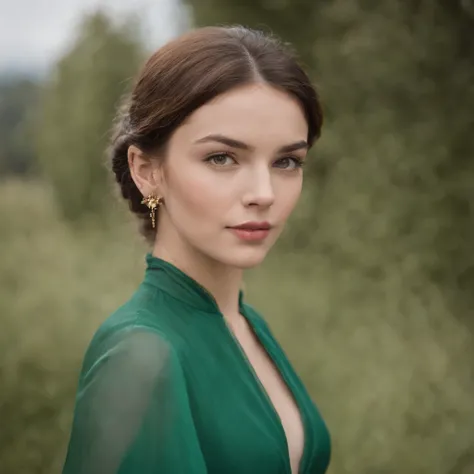 a young woman in a green dress wearing earrings, in the style of uhd image, wollensak 127mm f/4.7 ektar, translucent color, groovy, associated press photo, bold fashion photography, flickr --ar 2:3 . style raw