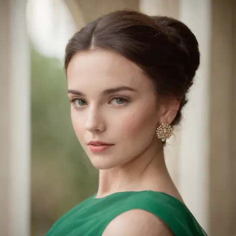 a young woman in a green dress wearing earrings, in the style of uhd image, wollensak 127mm f/4.7 ektar, translucent color, groovy, associated press photo, bold fashion photography, flickr --ar 2:3 . style raw