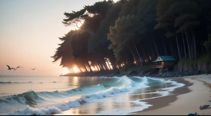 A couple in the water,beach,waves,birds,trees, dolphins in the water