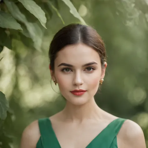 a young woman in a green dress wearing earrings, in the style of uhd image, wollensak 127mm f/4.7 ektar, translucent color, groovy, associated press photo, bold fashion photography, flickr --ar 2:3 . style raw