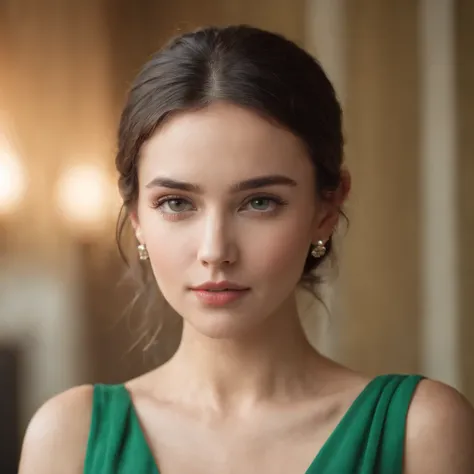 a young woman in a green dress wearing earrings, in the style of uhd image, wollensak 127mm f/4.7 ektar, translucent color, groovy, associated press photo, bold fashion photography, flickr --ar 2:3 . style raw