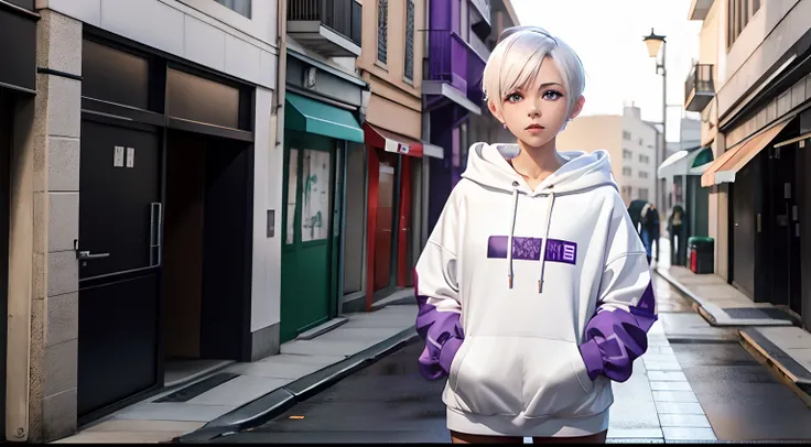 anime girl, white short hair, purple eyes, hoodie, pc, streamer, vtuber, street style