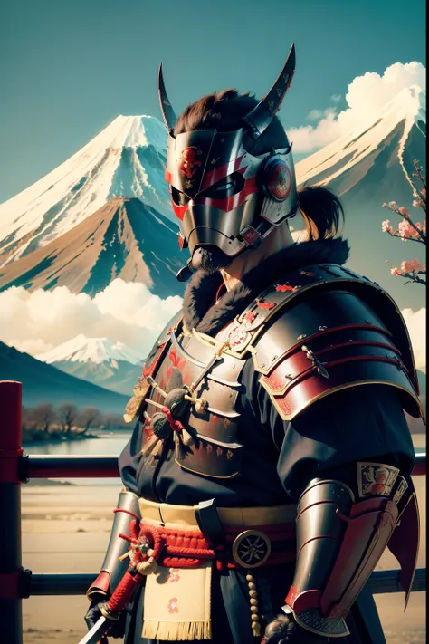 Masterpiece, Highest quality, illustration, Samurai of Japan, Mask, helmet, Tokusatsu,Japanese-style armor，Japanese Katana Sword, Tengu mask, full bodyesbian,The background is under Mt. Fuji