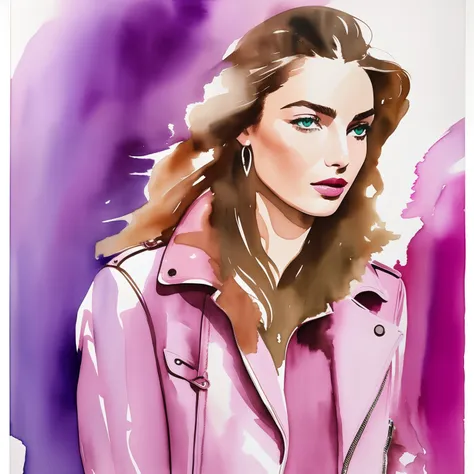 David downton fashion illustration, woman light brown blonde french bob, andreea diaconu, green eyes, gentle pink lipstick, lilac oversized leather jacket, jeans, paris street, book shop, natural color, cinematic, watercolor, hand-drown