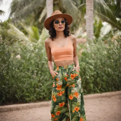 a woman wearing tropical colored pants, a hat, and sunglasses, in the style of ilford pan f, made of rubber, punk, kodak vision3 250d 5207, poolcore, danish golden age, reflective  --ar 2:3 --v 5