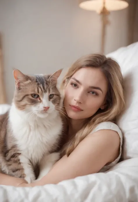 woman dressed in comfortable clothes on her bed with her cat, 80s style, half body shot, high quality photo.