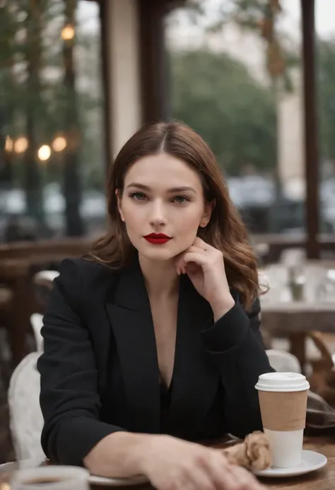 2010s fashion, medium close up, canon ef 85mm f/1.2l ii usm, a woman is sitting with her coffee in a restaurant, wearing a black jacket and red lips, emphasis on facial expression, street fashion.