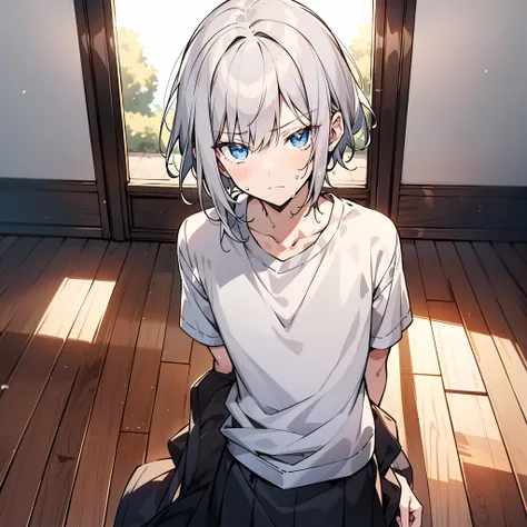 Around 18 years old, young anime man，short white hair 1.5，Wear a plain white shirt，Stand in the doorway of the classroom with your back to the camera（Frown 1.5）（Sweat 1.5）（The background is in a classroom at school：1.5），Anime style 4K，Anime rendering，style...