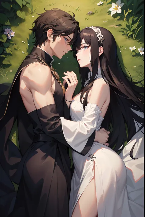 3rd person view, looking at each other, man and woman Sexy, medieval village Woman, Long silky black hair, dark blue eyes, pale white skin, handsome priest, short, Brown hair, Brown eyes, lying on the grass In Forest together naked, (((looking at each othe...