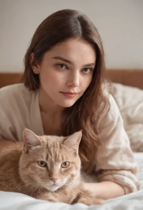 woman dressed in comfortable clothes on her bed with her cat, 80s style, half body shot, high quality photo.