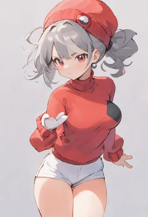 One girl、Composition of the subject seen from the front、Long Sleeve Red Turtleneck Knit、White shorts、red headwear、Gray ponytail、Pose with one arm thrust forward、Pokémon Hassam、