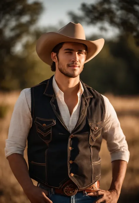 happy young man , wearing cowboy hat, cowboy vest, side lighting, sunny day, half length shot, high quality photo.