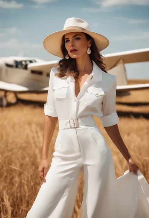 woman in white  hat, safari style, white retro plane and open field in the background, sunny day, medium shot, high quality photo.