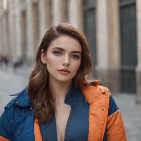 a young woman in a blue jacket with orange and blue makeup, in the style of fujifilm natura 1600, androgynous, Oscar Dominguez, uhd image, playing with light and shadow, klaus pillon, jagged edges  --ar 72:107 --v 5