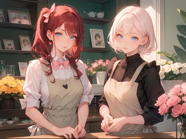 a girl that works at a flower shop greets her rosebuds, red bright hair, blue turquoise crystal eyes, heart pupil, love, lovely, the shop is decorated in pink, daylight, coffee, dressed with ruffles and modern apron with bow, mature woman