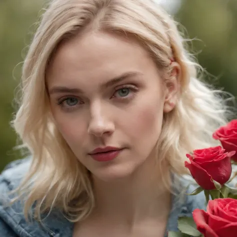 a young blonde woman peering at roses, in the style of queer academia, europunk, rodenstock imagon 300mm f/5.8, close-up, andrzej sykut, vivienne westwood, harmony with nature  --ar 133:201