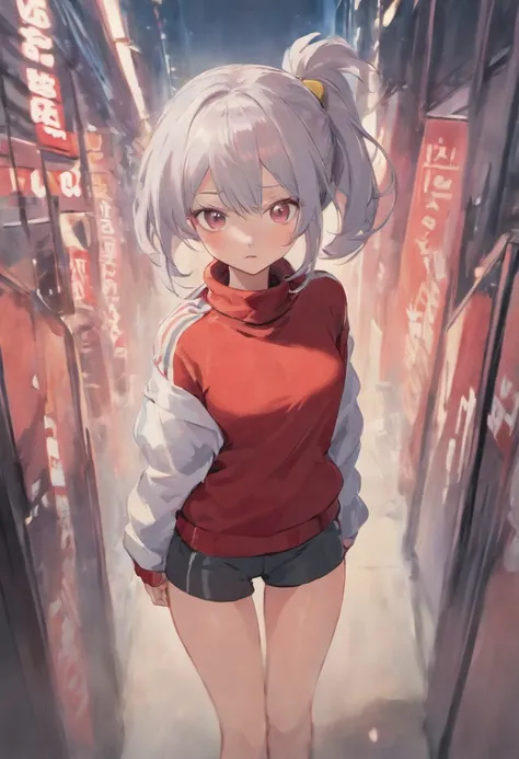 One girl、Composition of the subject seen from the front、Long Sleeve Red Turtleneck Knit、White shorts、red headwear、Gray ponytail、Pose with one arm thrust forward、The background is all white