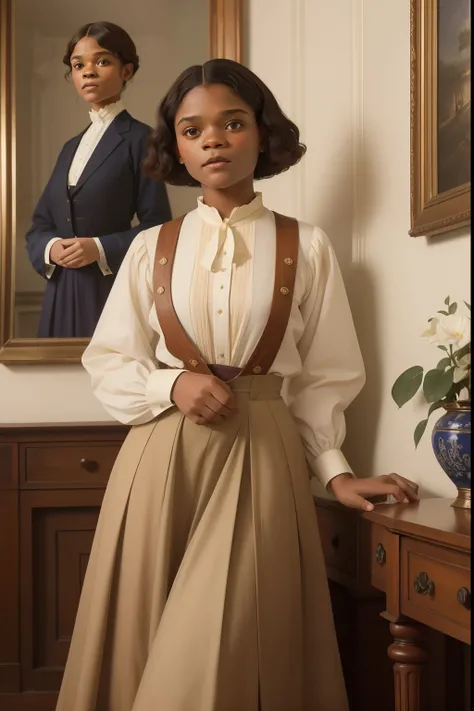 pre-raphaelite portrait of ((Letitia Wright)) with short natural ((coily hair)), dressed in ((1910s clothes)), skirt and shirt, inside a mansion