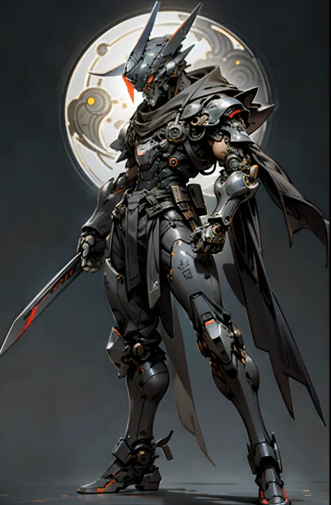 Iron manDark_Fantasy,Cyberpunk,1manMechanical marvel,Robotic presence,Cybernetic guardian, samurai mechanical armour, katana on the waist, absolutely stunning art,wearing a black cloak, highest quality art, highest resolution, hyper detailed,black and red,...