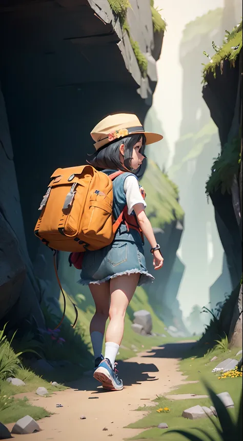 There is a poster with a cartoon character in a hat and backpack, female explorer mini cute girl, walking in the wilderness, flower jungle, animation style rendering, cute 3 D rendering, small characters. Unreal Engine 5, stylized anime, cute detailed digi...