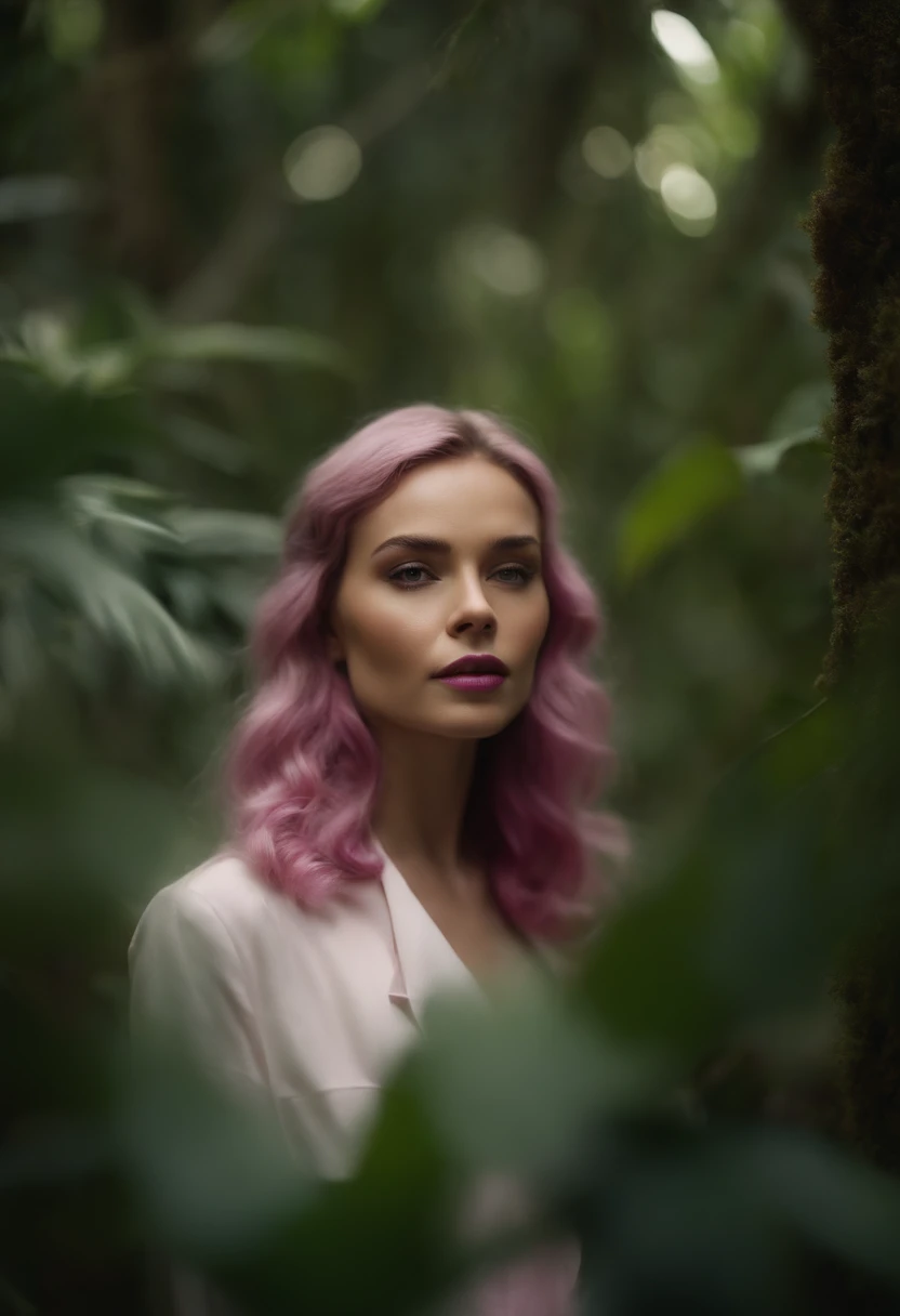 Jungle, in the style of ethereal portraiture, light white and light magenta, celebrity photography, album covers, barbiecore, crisp and delicate, light yellow and light magenta.