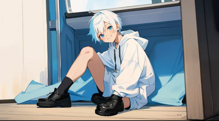 HD picture, lots of details, childrens youthful style, strong and vibrant blue eyes, interior scene, 1boy with short white hair sitting on the ground, wearing slim white hoodie and black knee socks, smiling, black shoes, depth of field, full body view.