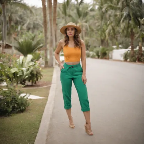 a woman wearing tropical colored pants, a hat, in the style of ilford pan f, made of rubber, punk, kodak vision3 250d 5207, poolcore, danish golden age, reflective  --ar 2:3 --v 5