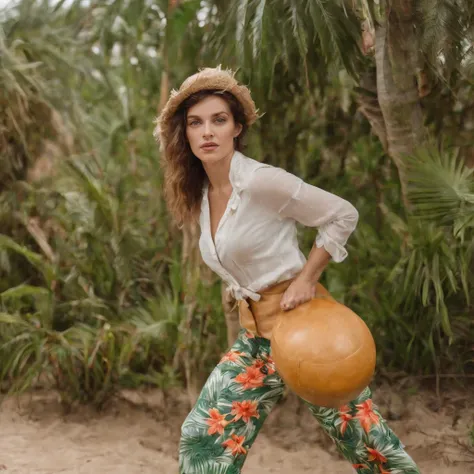 a woman wearing tropical colored pants, a hat, in the style of ilford pan f, made of rubber, punk, kodak vision3 250d 5207, poolcore, danish golden age, reflective  --ar 2:3 --v 5