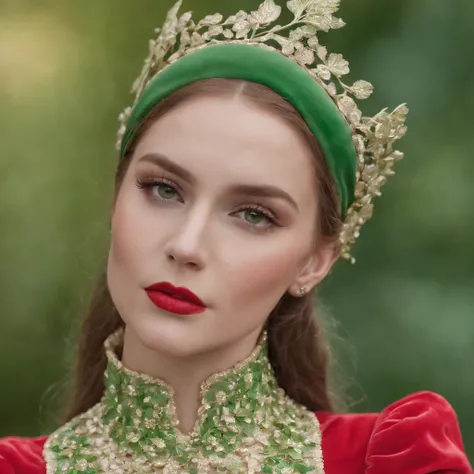 Woman, in the style of bold fashion photography, red and green, detailed costumes, barbiecore, pale palette, iconic, grandiose color scheme