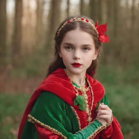 Child, in the style of bold fashion photography, red and green, detailed costumes, barbiecore, pale palette, iconic, grandiose color scheme