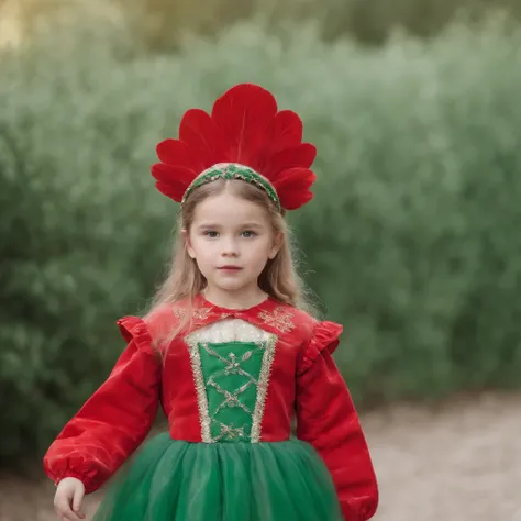 Child, in the style of bold fashion photography, red and green, detailed costumes, barbiecore, pale palette, iconic, grandiose color scheme