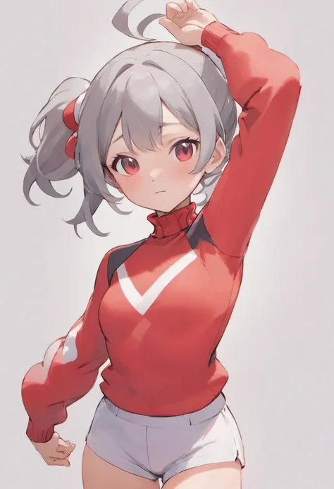 One girl、Arms forward、Hand Par、Close-up of the subjects upper body、Composition of the subject seen from the front、Long Sleeve Red Turtleneck Knit、White shorts、red headwear、Gray ponytail、Pose with one arm thrust forward、