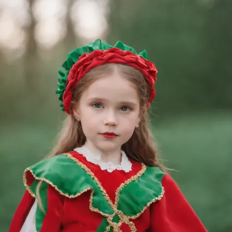 Child, in the style of bold fashion photography, red and green, detailed costumes, barbiecore, pale palette, iconic, grandiose color scheme