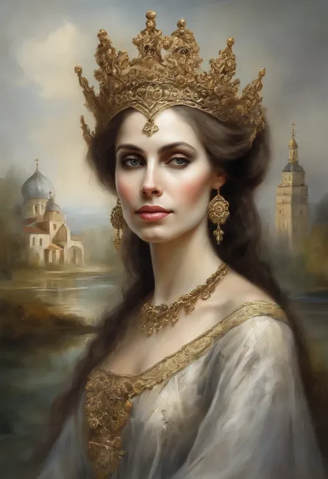 hyperdetalized and high-quality image, A skeleton  face corpse bride of beautiful gothic appearance,  gold jewelry on her neck, hands on her head and ears, full-length, holding skull in her hand, standing against the background of the Ipatiev monastery of ...