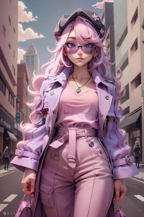 4K, Realistic, high detal, Super eye details, fashionable attire, Pink trench coat, French berets, Black belt pants, Long hair, In the city,  Pink hair, Purple eyes, Yae Miko, Wear stylish sunglasses,