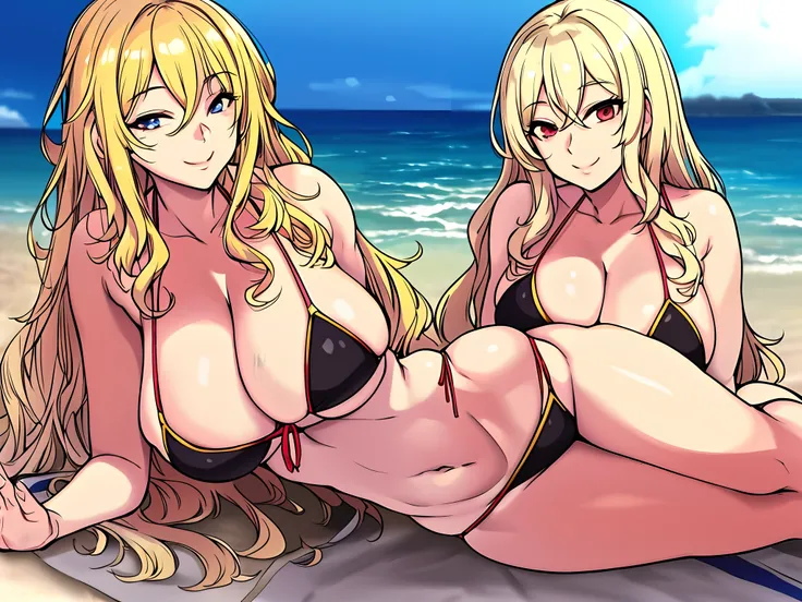 masterpiece,(bestquality),highlydetailed,ultra-detailed,Smile,mature woman,alluring(blindfolded),French woman,blonde hair(wavy hair with big curls),long hair,ample bosom,anime girl in bikini laying on the beach with her hand on her head, at the beach, beac...