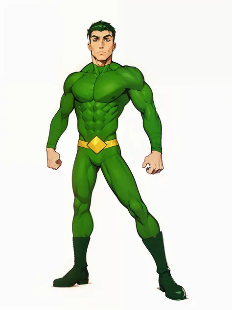 Homem, (cabelo raspado, militar style), magro, defined muscles, (colan masculino verde, botas pretas, cinto amarelo), HD, estilo comics, cores quentes