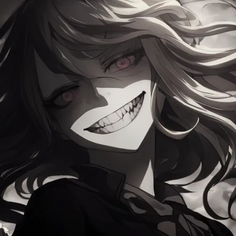 Anime girl with long hair and a smile, digital art from danganronpa, evil smile, portraitures , yandere, grim dark, grinning evily, [[[[grinning evily]]]], evil smile, Evil smile, Insane smile, Yandere Grimdark, grin