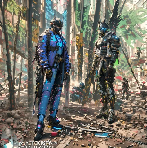 there is a man in a blue outfit with a backpack, cyberpunk streetwear, cyberpunk suit, cyberpunk street goon, cyberpunk wearing, cyberpunk techwear, muted cyberpunk style, has cyberpunk style, style of cyberpunk, wearing cyberpunk streetwear, cyberpunk sol...