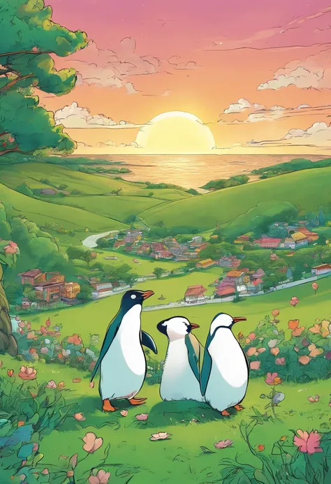 White penguins are eating ice cream。Green meadows and fantastic sunsets prevail。