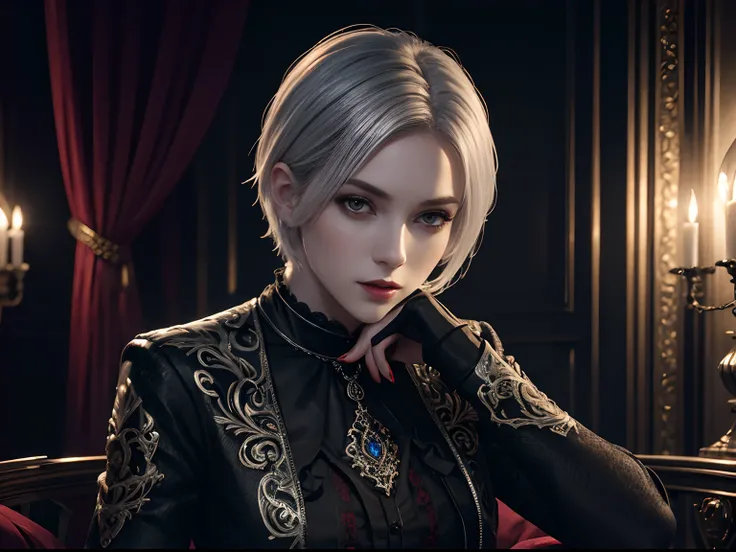 Beautiful 25 year old British female vampire royalty with short silver hair, pale skin, Wearing a silver shirt with red ornate lining and black tight pants, view from front, Ambient lighting, photorealisim, intricate face details, Intricate hand details, H...