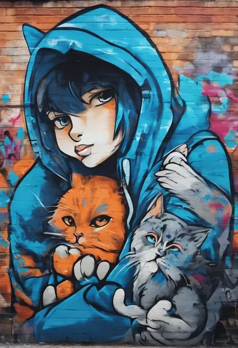 Wearing a blue hoodie with a deep hood々Man in a hat、One cat is cuddling。