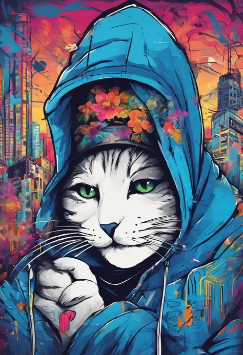 Wearing a blue hoodie with a deep hood々Man in a hat、One cat is cuddling。