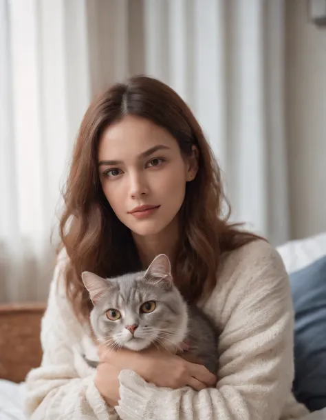 woman dressed in comfortable clothes on her bed with her cat, 80s style, half body shot, high quality photo.