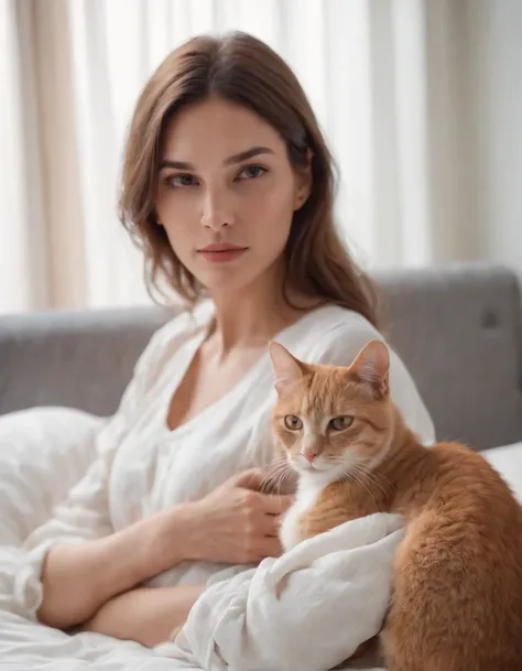 woman dressed in comfortable clothes on her bed with her cat, 80s style, half body shot, high quality photo.