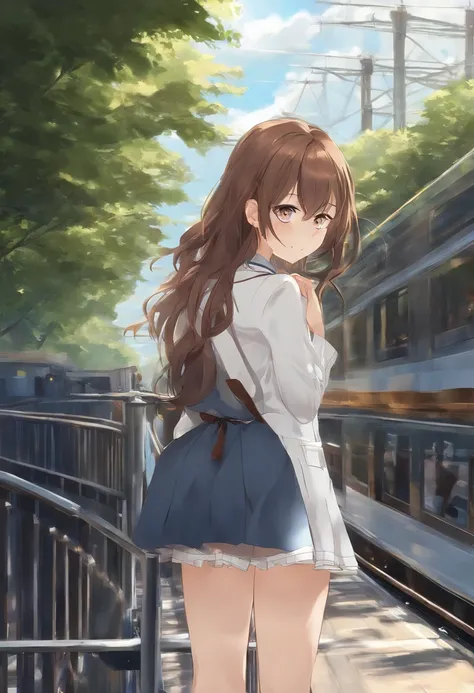 Anime Girl with Long Hair marchant sur un quai de train, kantai collection style, railgun, Konpeki no Kantaï, Arcade of the Kantai Collection, Kancolle, Style Makoto Shinkai, anime visual of a cute girl, Style artistique Makoto Shinkai, Beautiful anime hig...