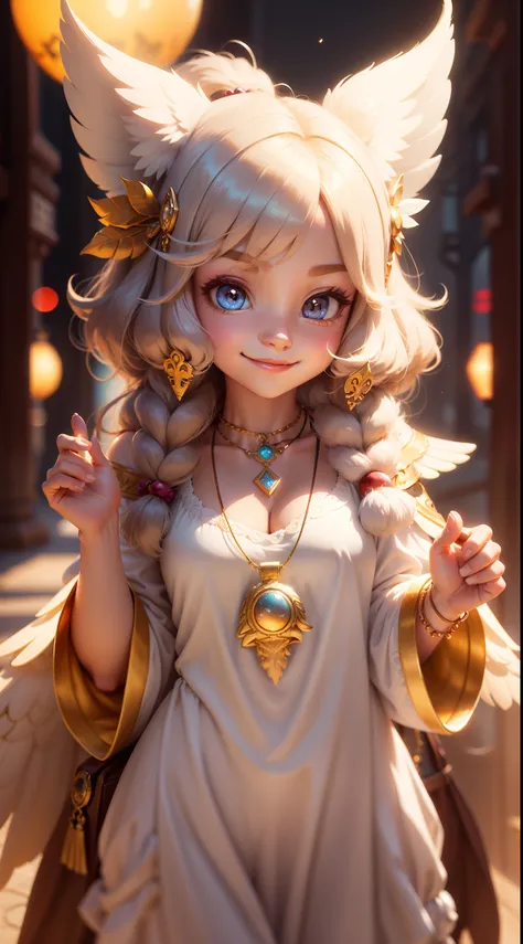 （Sphinx），adorable smile，Different colored eyes remind necklace、adorable and fluffy、Attractive 3D Vector Art、Cute and Quirky Fantasy Art、bokeh dof、digitial painting、Soft lighting、Isometric style、