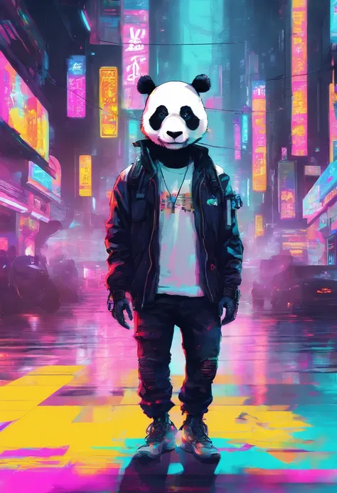 Panda-headed man in white T-shirt in the cyberpunk town of Takatsuki　amarelo　colourfull